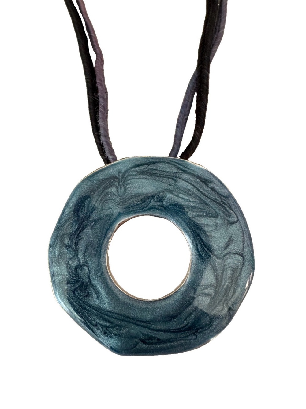 Handcrafted Boho Teal Blue Marbled Donut Pendant Necklace Blk & Gray Ribbon Cord